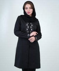 مانتو شلوار اداری مشکی مانا زنانه با پارچه فیونا ممتاز و طرح گلدوزی